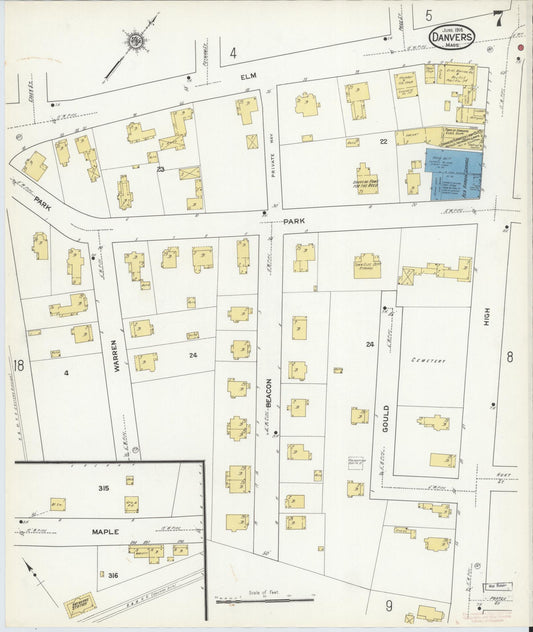 Sanborn Fire Insurance Map from Danvers, Essex County, Massachusetts (1916), Sheet #0007 - Historic Sanborn Fire Insurance Map Print, vintage old map wall art, antique decor, genealogy gift, Massachusetts Massachusetts map