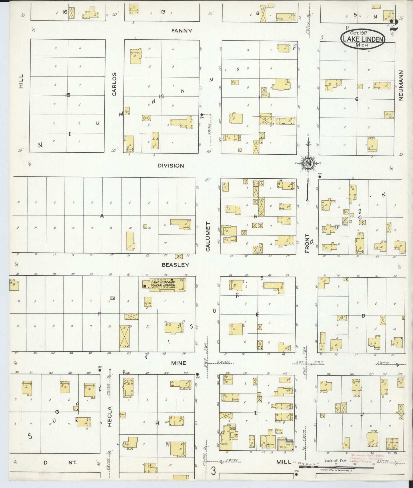 Sanborn Fire Insurance Map from Lake Linden, Houghton County, Michigan (1917), Sheet #0002 - Complete Map Set gallery image, historic Sanborn map, vintage wall art, Michigan Michigan