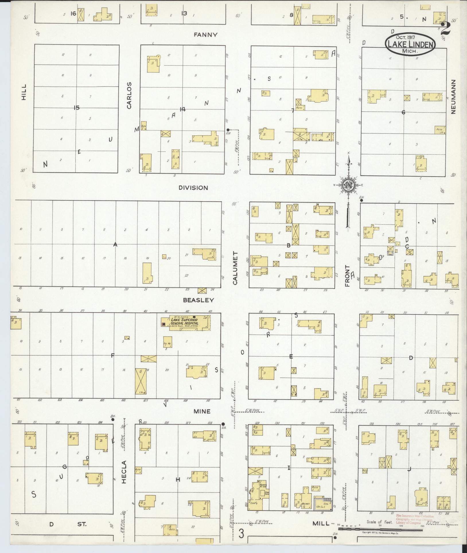 Sanborn Fire Insurance Map from Lake Linden, Houghton County, Michigan (1917), Sheet #0002 - Complete Map Set gallery image, historic Sanborn map, vintage wall art, Michigan Michigan