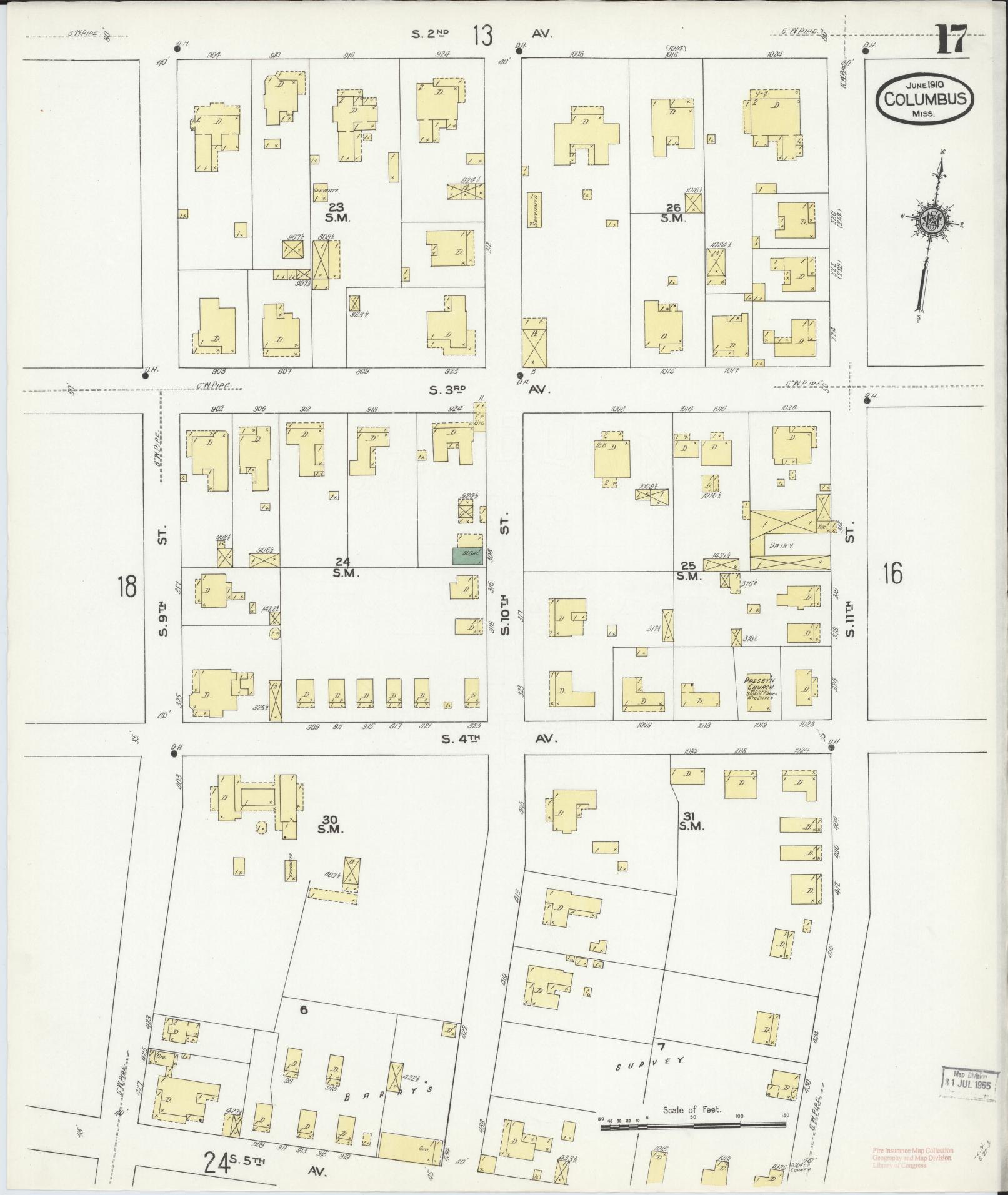 Sanborn Fire Insurance Map from Columbus, Lowndes County, Mississippi (1910), Sheet #0017 - Complete Map Set gallery image, historic Sanborn map, vintage wall art, Mississippi Mississippi