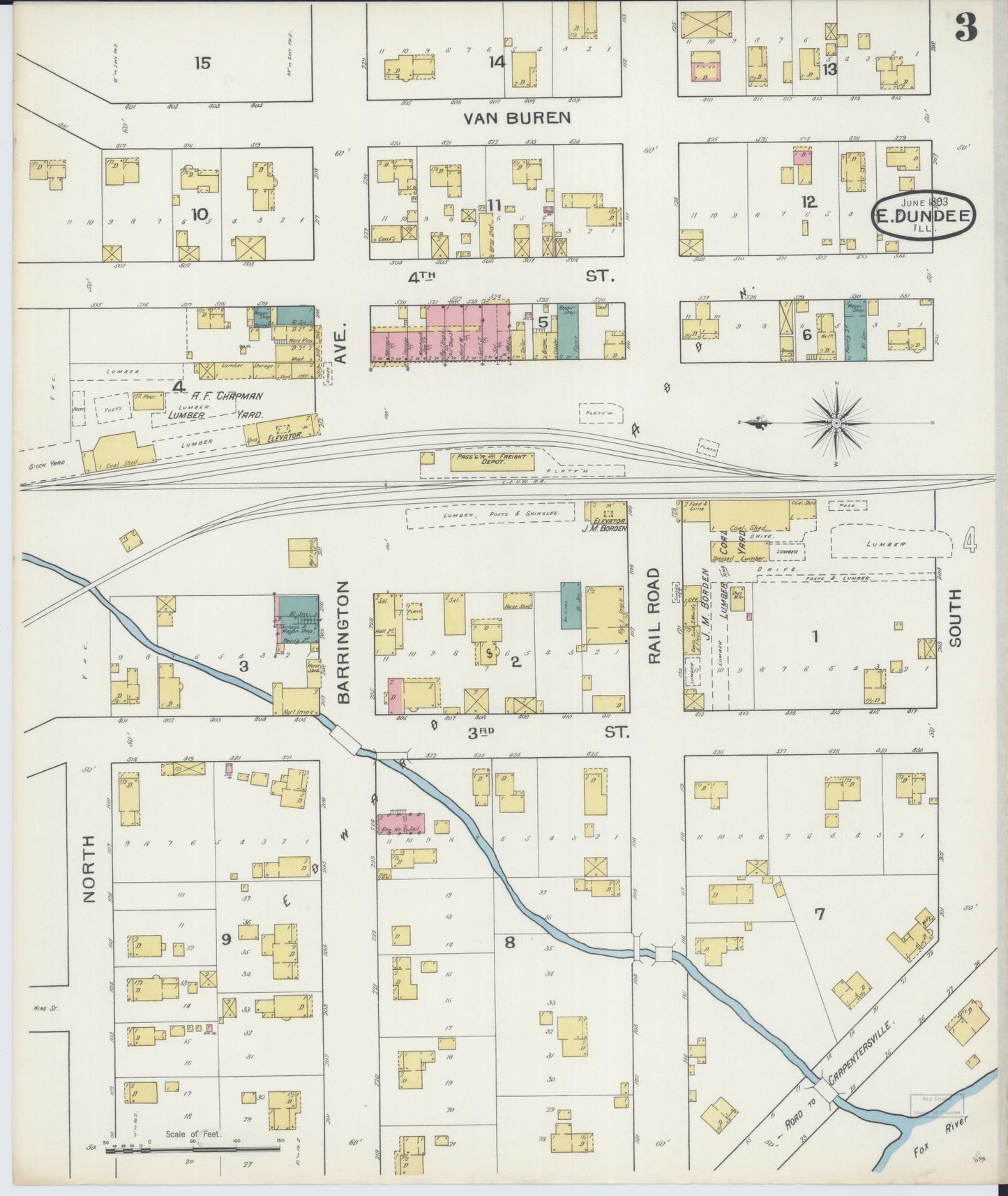 Sanborn Fire Insurance Map from Dundee, Kane County, Illinois (1893), Sheet #0003 - Historic Sanborn Fire Insurance Map Print, vintage old map wall art, antique decor, genealogy gift, Illinois Illinois map