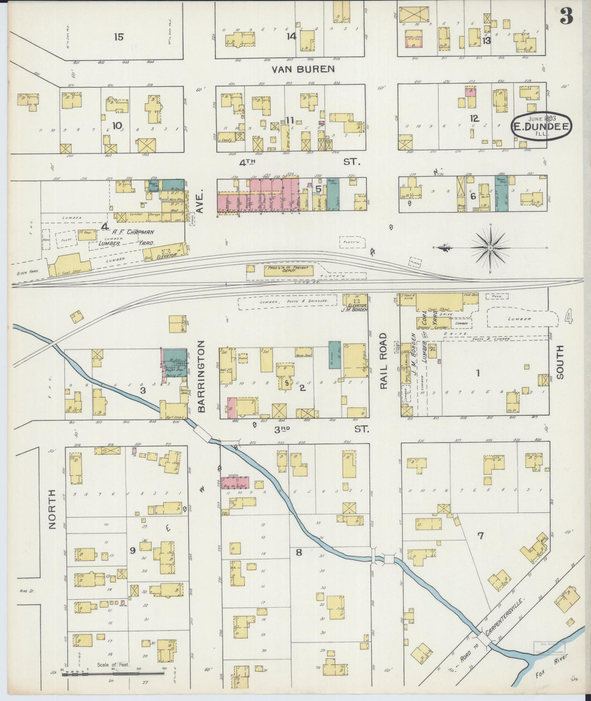 Sanborn Fire Insurance Map from Dundee, Kane County, Illinois (1893), Sheet #0003 - Historic Sanborn Fire Insurance Map Print, vintage old map wall art, antique decor, genealogy gift, Illinois Illinois map