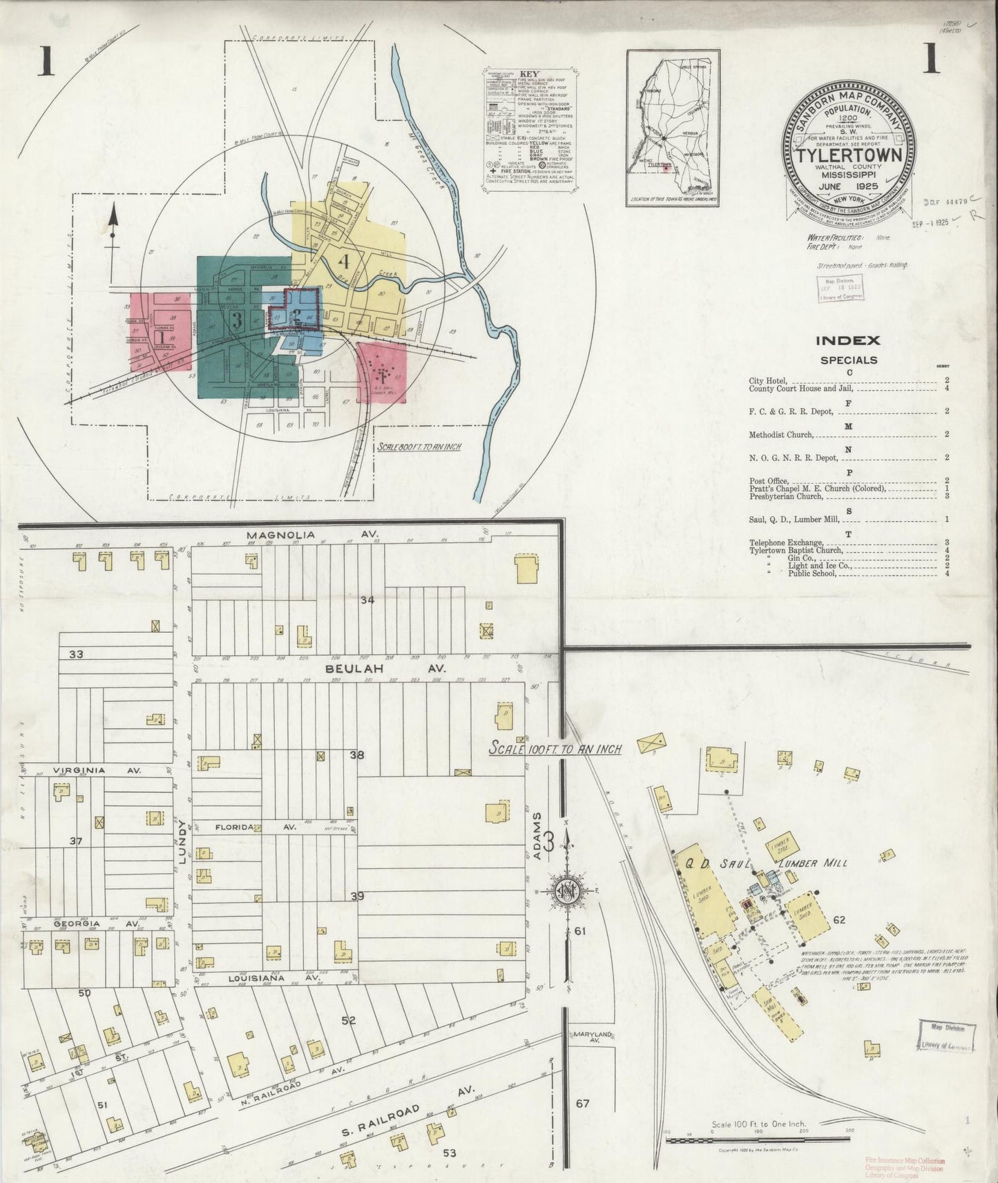 Sanborn Fire Insurance Map from Tylertown, Walthall County, Mississippi (1925), Sheet #0001 - Complete Map Set gallery image, historic Sanborn map, vintage wall art, Mississippi Mississippi