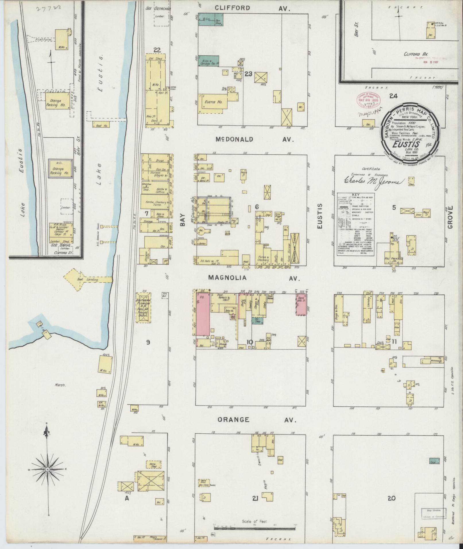 Sanborn Fire Insurance Map from Eustis, Lake County, Florida (1895), Sheet #0001 - Historic Sanborn Fire Insurance Map Print, vintage old map wall art, antique decor, genealogy gift, Florida Florida map