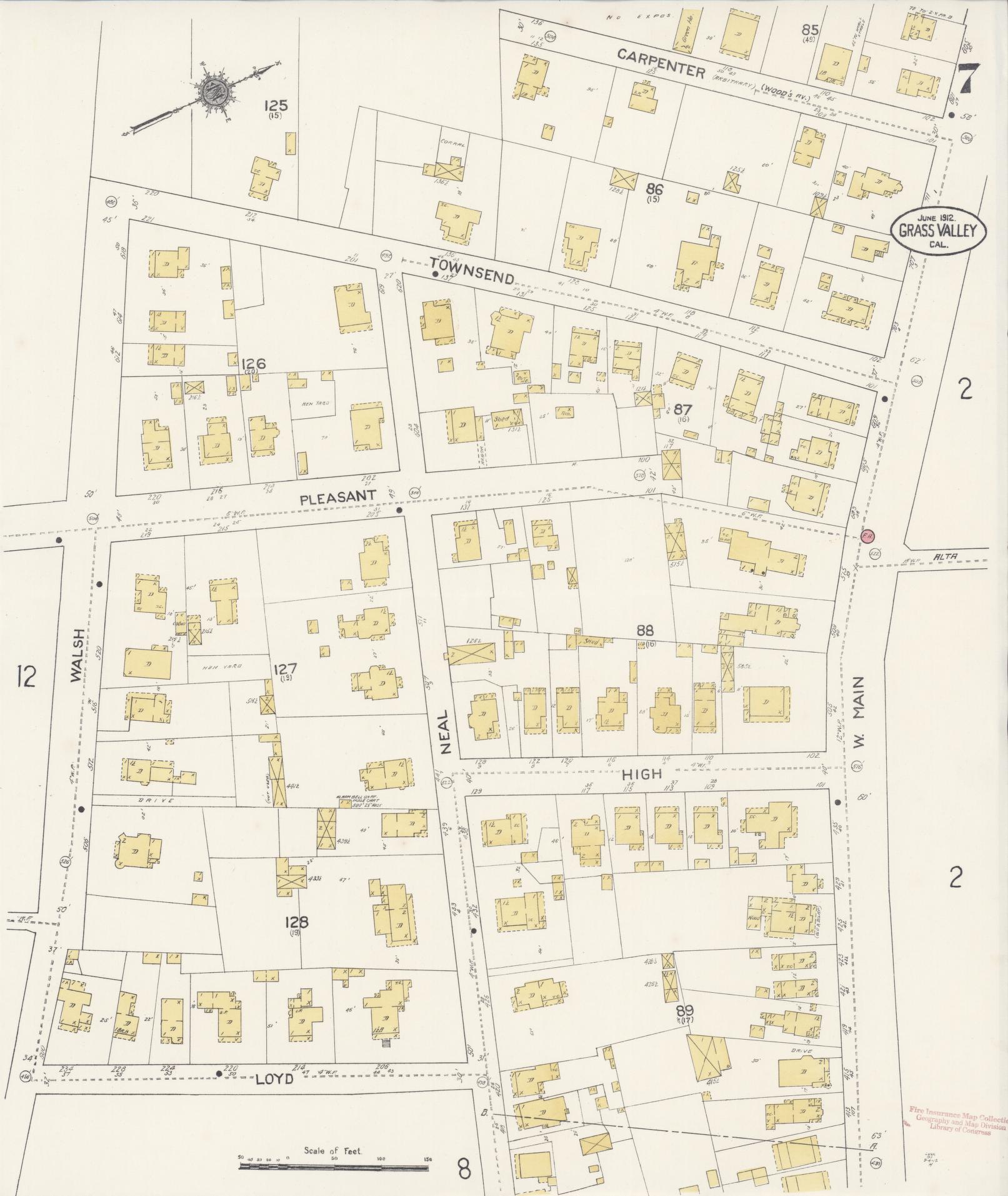 Sanborn Fire Insurance Map from Grass Valley, Nevada County, California (1912), Sheet #0007 - Historic Sanborn Fire Insurance Map Print, vintage old map wall art, antique decor, genealogy gift, Grass Valley Nevada map