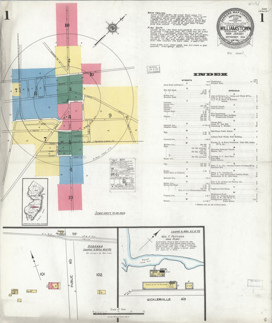 Sanborn Fire Insurance Map from Williamstown, Gloucester County, New Jersey (1923), Sheet #0001 - Historic Sanborn Fire Insurance Map Print, vintage old map wall art, antique decor, genealogy gift, New Jersey New Jersey map