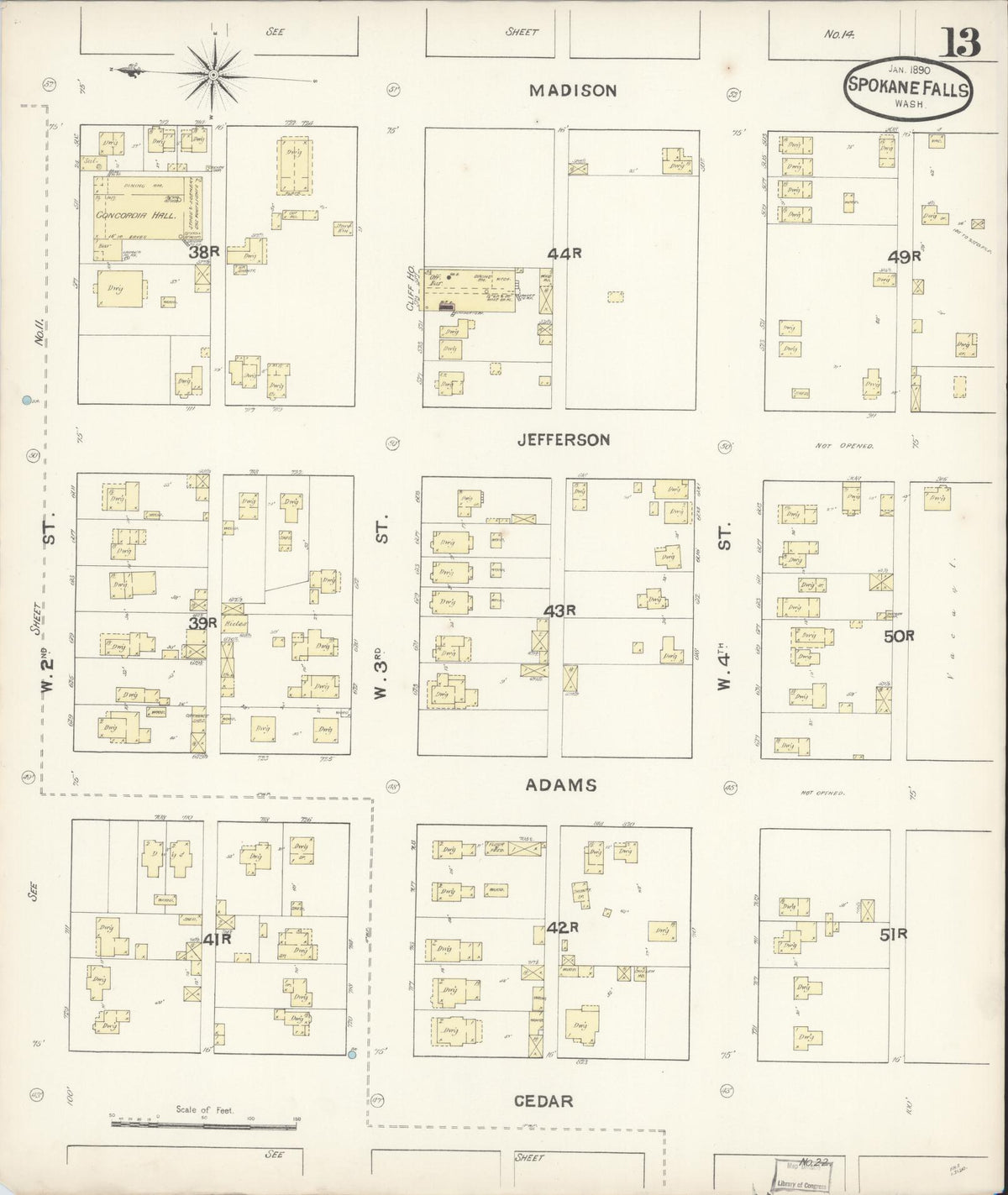 Sanborn Fire Insurance Map from Spokane, Spokane County, Washington (1890), Sheet #0013 - Historic Sanborn Fire Insurance Map Print, vintage old map wall art, antique decor, genealogy gift, Washington Washington map