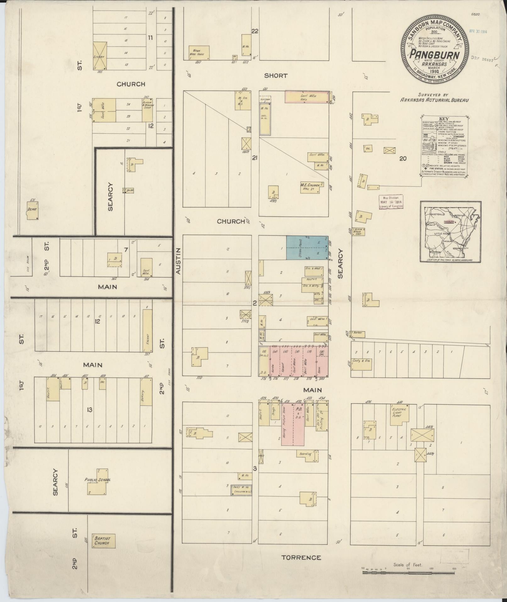 Sanborn Fire Insurance Map from Pangburn, White County, Arkansas (1914), Sheet #0001 - Historic Sanborn Fire Insurance Map Print, vintage old map wall art, antique decor, genealogy gift, Arkansas Arkansas map