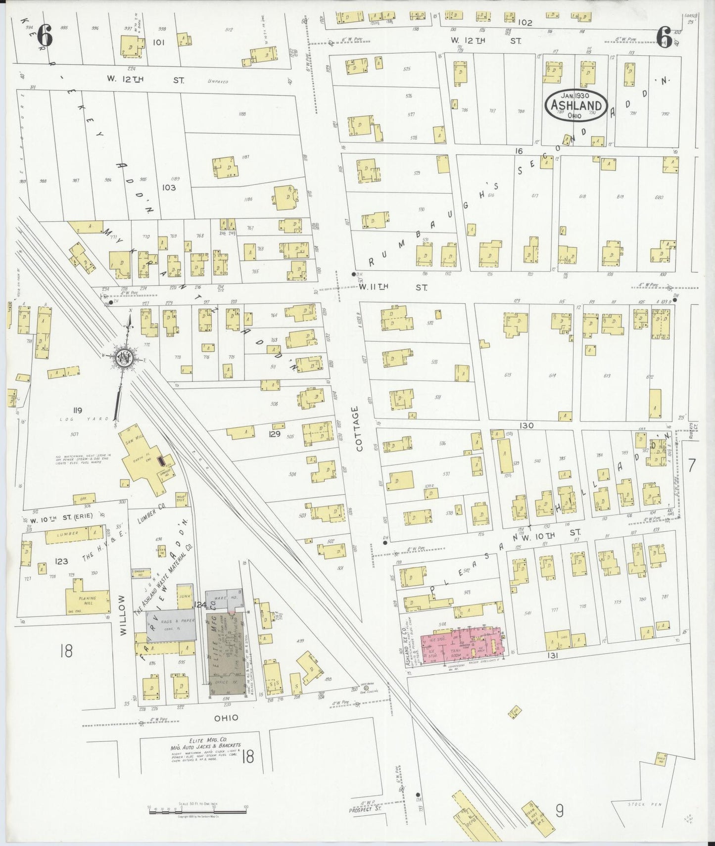 Sanborn Fire Insurance Map from Ashland, Ashland County, Ohio (1930), Sheet #0006 - Historic Sanborn Fire Insurance Map Print, vintage old map wall art, antique decor, genealogy gift, Ohio Ohio map
