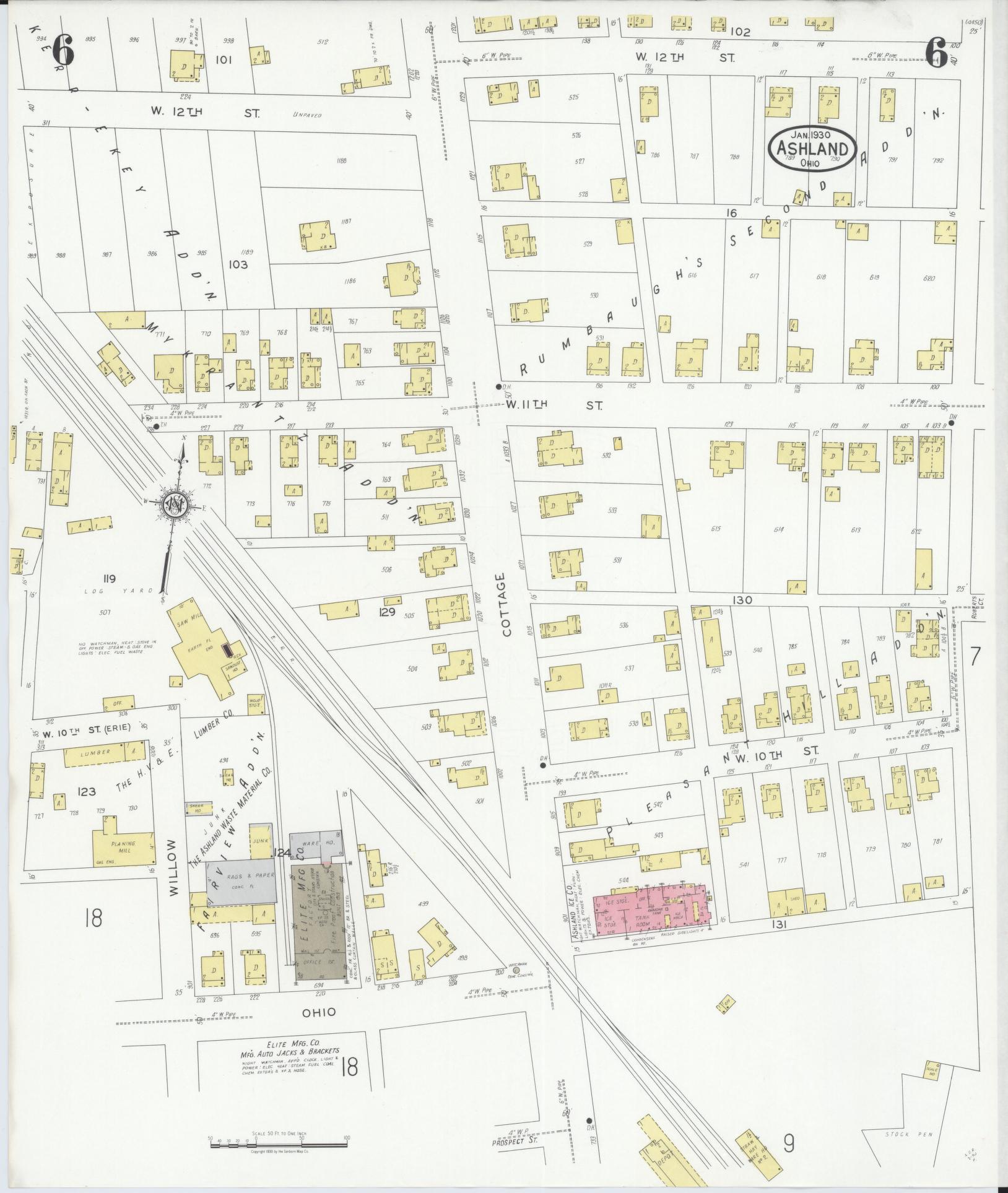 Sanborn Fire Insurance Map from Ashland, Ashland County, Ohio (1930), Sheet #0006 - Historic Sanborn Fire Insurance Map Print, vintage old map wall art, antique decor, genealogy gift, Ohio Ohio map
