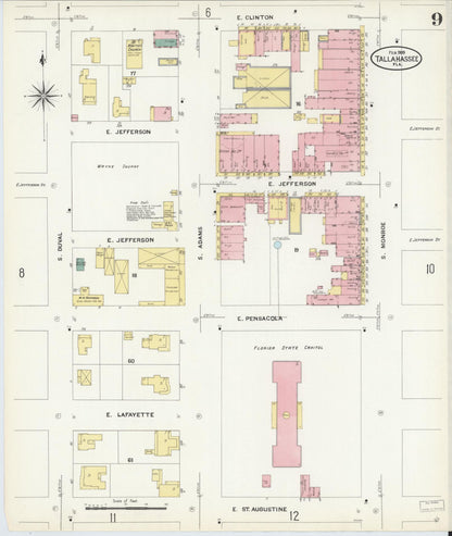 Sanborn Fire Insurance Map from Tallahassee, Leon County, Florida (1909), Sheet #0009 - Complete Map Set gallery image, historic Sanborn map, vintage wall art, Florida Florida