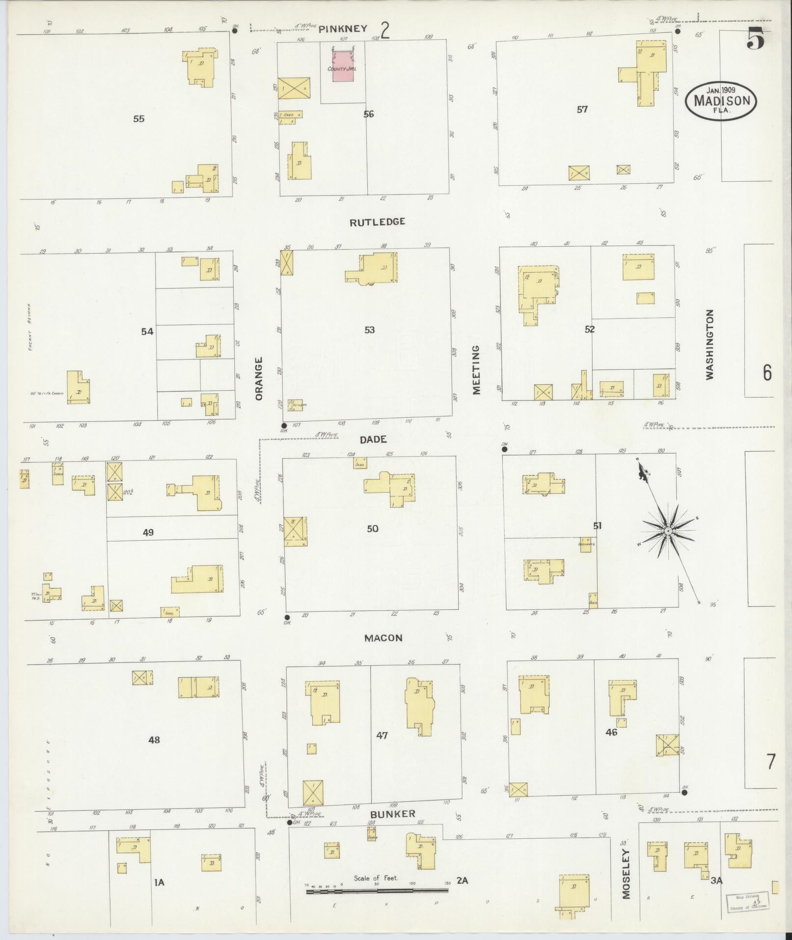 Sanborn Fire Insurance Map from Madison, Madison County, Florida (1909), Sheet #0005 - Historic Sanborn Fire Insurance Map Print, vintage old map wall art, antique decor, genealogy gift, Florida Florida map