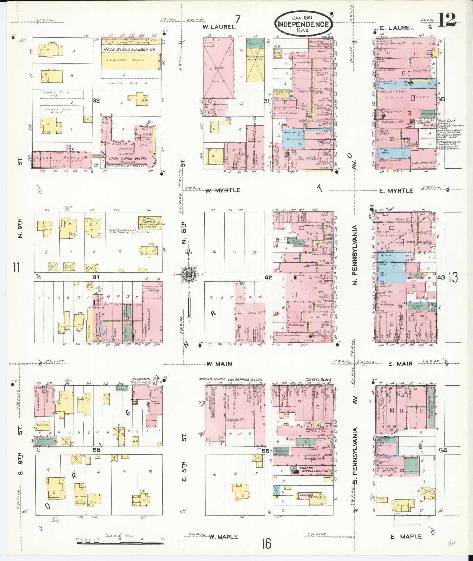 Sanborn Fire Insurance Map from Independence, Montgomery County, Kansas (1910), Sheet #0012 - Complete Map Set gallery image, historic Sanborn map, vintage wall art, Kansas Kansas