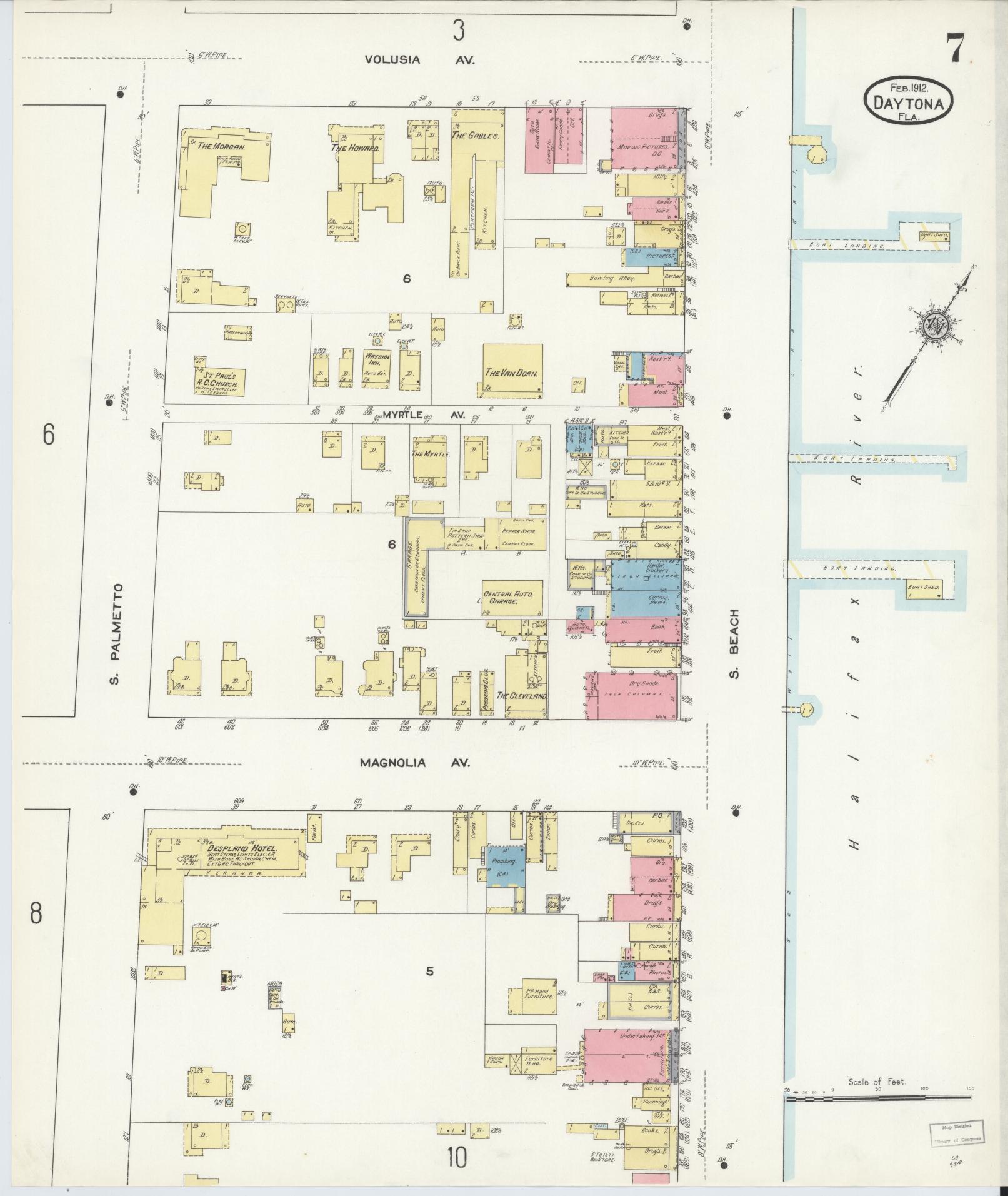 Sanborn Fire Insurance Map from Daytona, Volusia County, Florida (1912), Sheet #0007 - Complete Map Set gallery image, historic Sanborn map, vintage wall art, Florida Florida