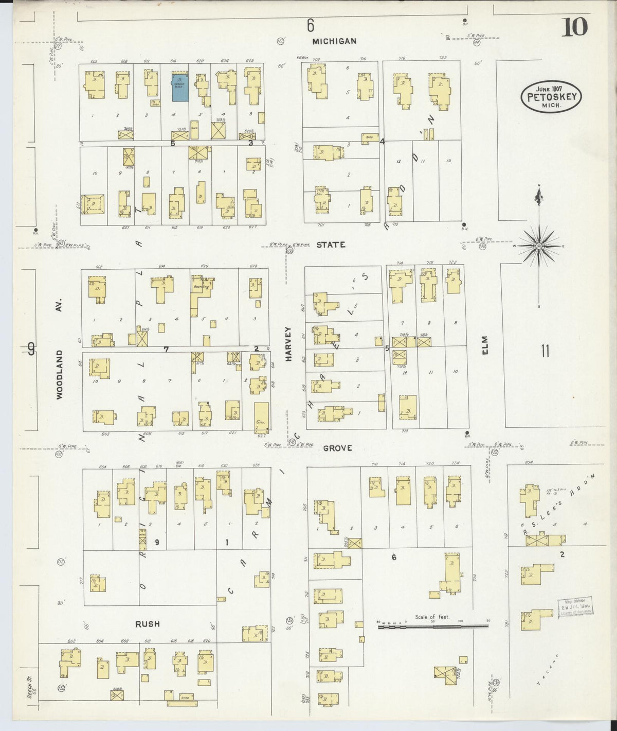 Sanborn Fire Insurance Map from Petoskey, Emmet County, Michigan (1907), Sheet #0010 - Historic Sanborn Fire Insurance Map Print, vintage old map wall art, antique decor, genealogy gift, Michigan Michigan map