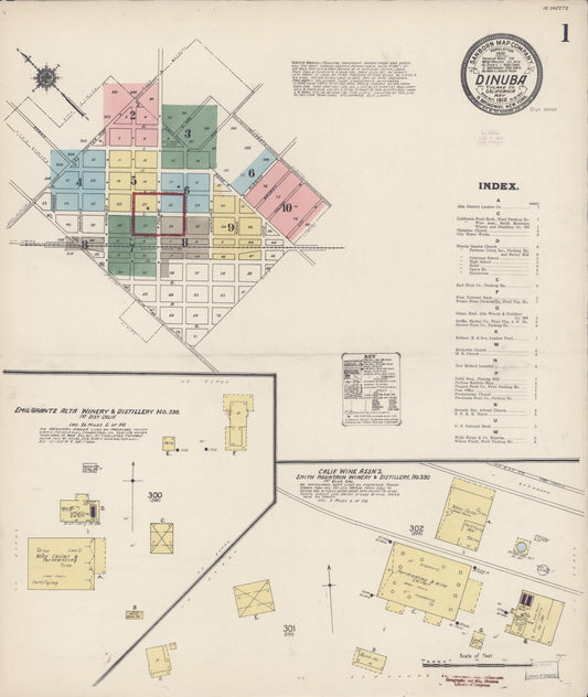 Sanborn Fire Insurance Map from Dinuba, Tulare County, California (1912), Sheet #0001 - Complete Map Set gallery image, historic Sanborn map, vintage wall art, California California