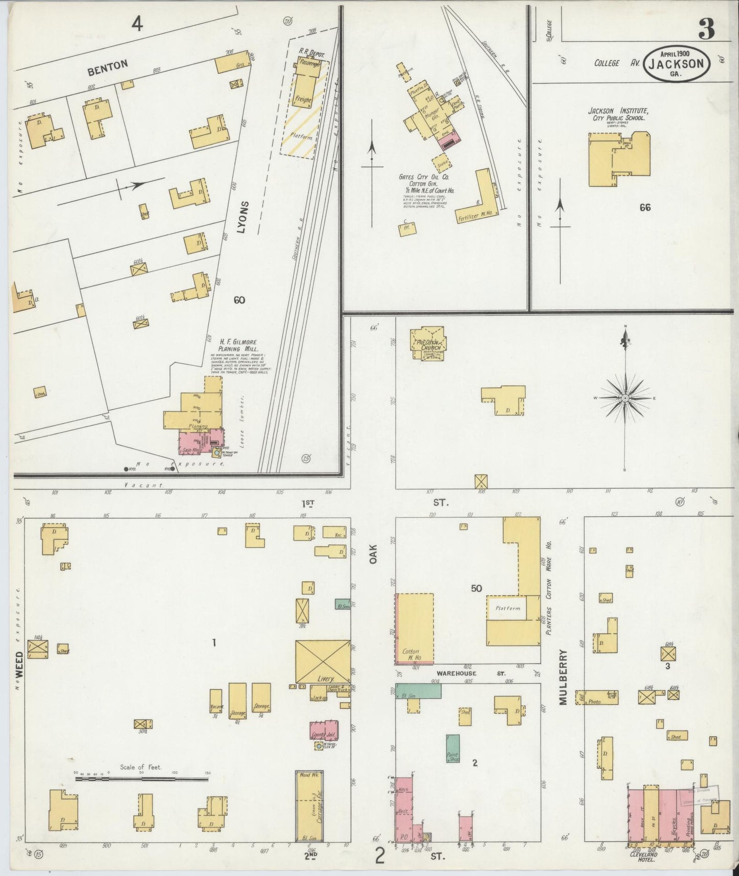 Sanborn Fire Insurance Map from Jackson, Butts County, Georgia (1900), Sheet #0003 - Historic Sanborn Fire Insurance Map Print, vintage old map wall art, antique decor, genealogy gift, Georgia Georgia map