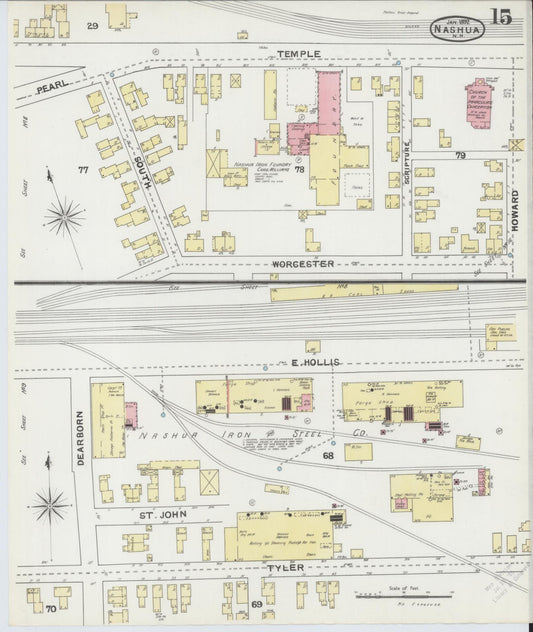 Sanborn Fire Insurance Map from Nashua, Hillsborough County, New Hampshire (1892), Sheet #0015 - Historic Sanborn Fire Insurance Map Print, vintage old map wall art, antique decor, genealogy gift, New Hampshire New Hampshire map