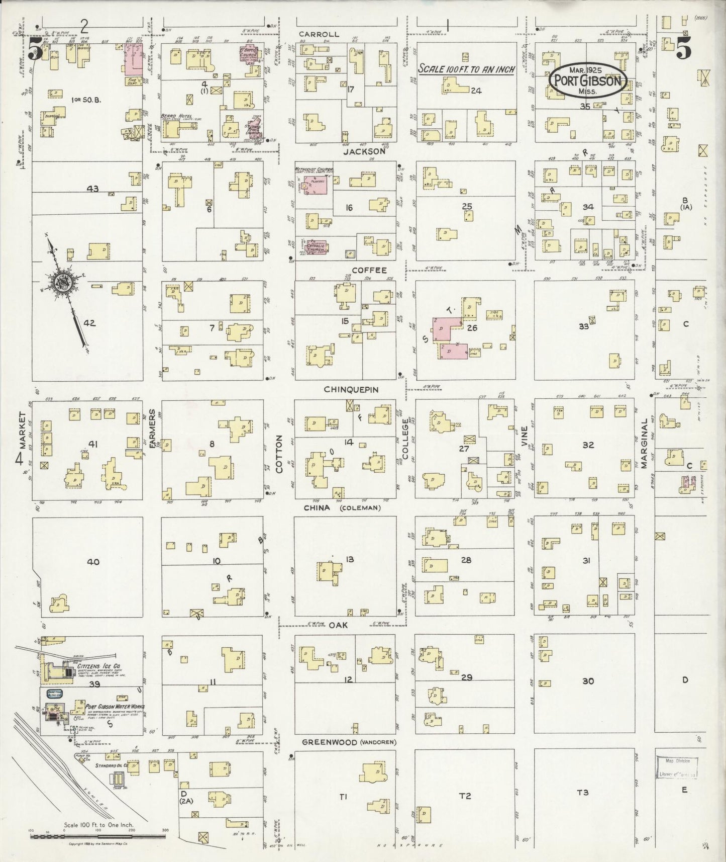 Sanborn Fire Insurance Map from Port Gibson, Claiborne County, Mississippi (1925), Sheet #0005 - Complete Map Set gallery image, historic Sanborn map, vintage wall art, Mississippi Mississippi