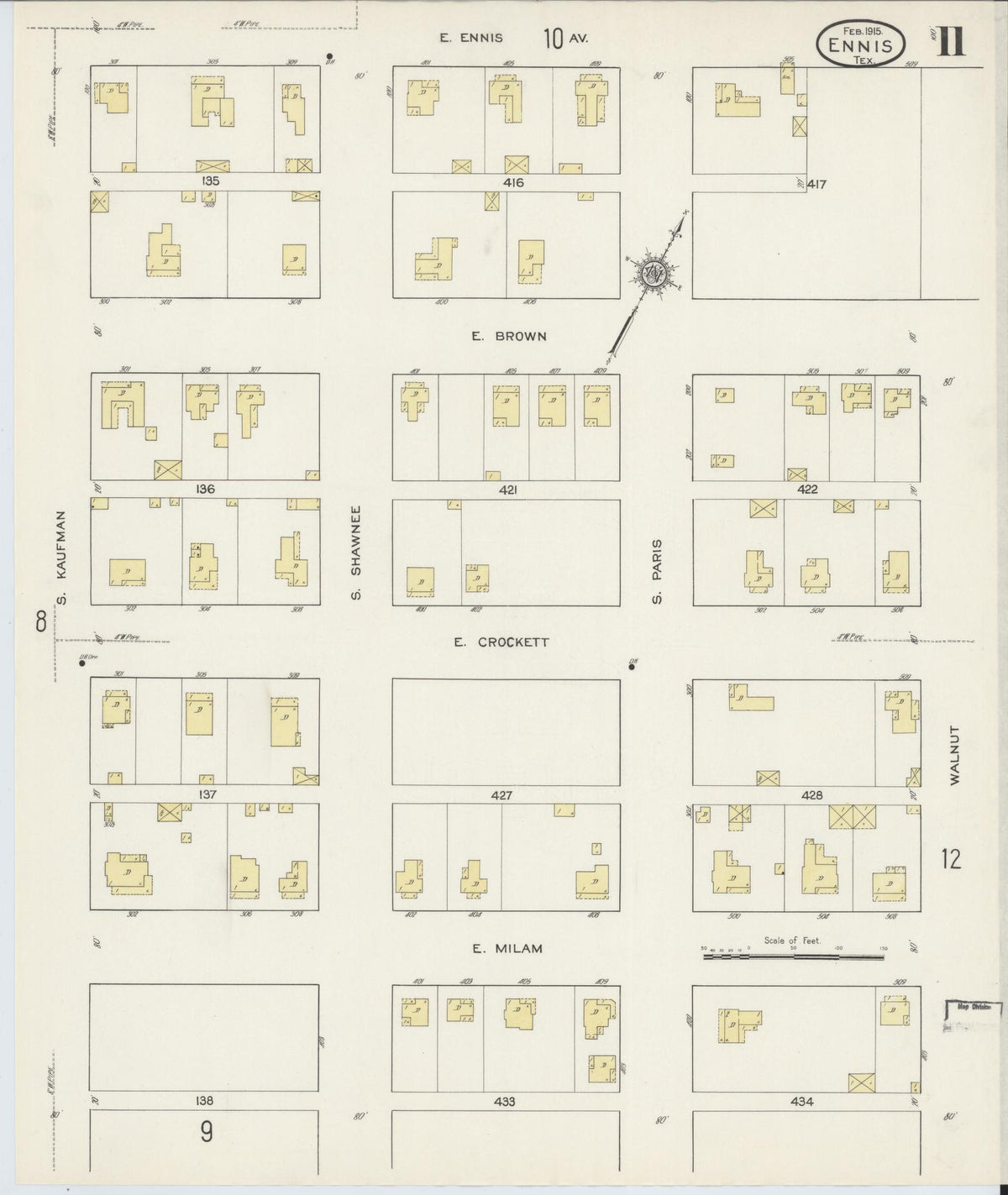 Sanborn Fire Insurance Map from Ennis, Ellis County, Texas (1915), Sheet #0011 - Complete Map Set gallery image, historic Sanborn map, vintage wall art, Texas Texas