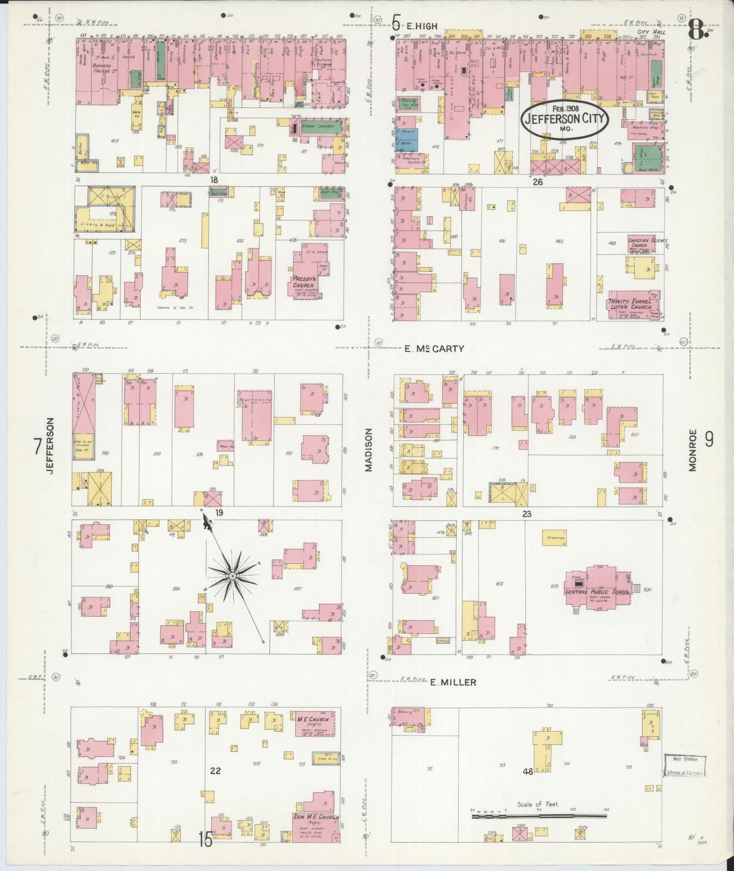 Sanborn Fire Insurance Map from Jefferson City, Cole County, Missouri (1908), Sheet #0008 - Historic Sanborn Fire Insurance Map Print, vintage old map wall art, antique decor, genealogy gift, Missouri Missouri map