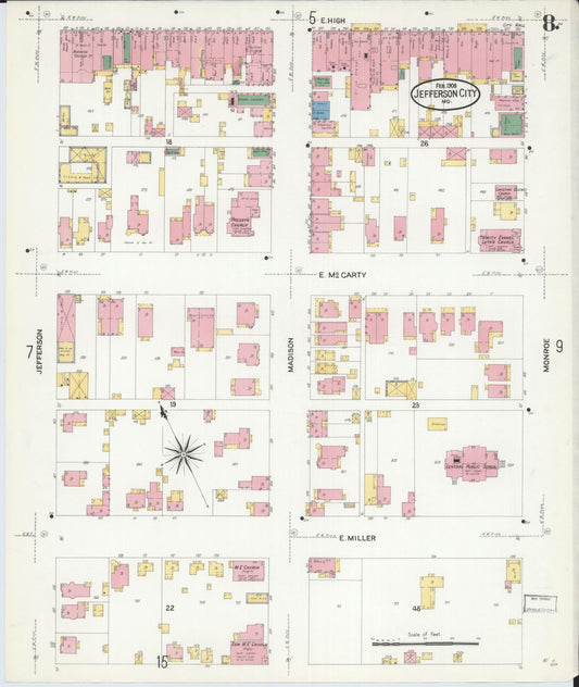 Sanborn Fire Insurance Map from Jefferson City, Cole County, Missouri (1908), Sheet #0008 - Historic Sanborn Fire Insurance Map Print, vintage old map wall art, antique decor, genealogy gift, Missouri Missouri map
