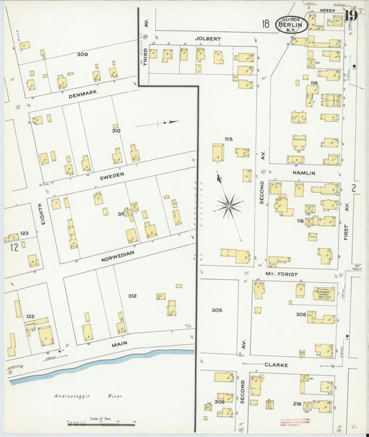 Sanborn Fire Insurance Map from Berlin, Coos County, New Hampshire (1909), Sheet #0019 - Historic Sanborn Fire Insurance Map Print, vintage old map wall art, antique decor, genealogy gift, New Hampshire New Hampshire map