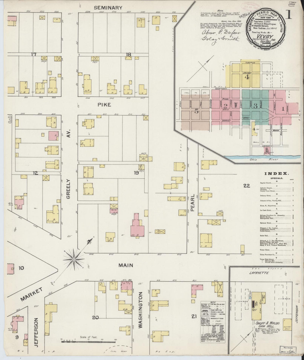 Sanborn Fire Insurance Map from Vevay, Switzerland County, Indiana (1892), Sheet #0001 - Historic Sanborn Fire Insurance Map Print, vintage old map wall art, antique decor, genealogy gift, Indiana Indiana map