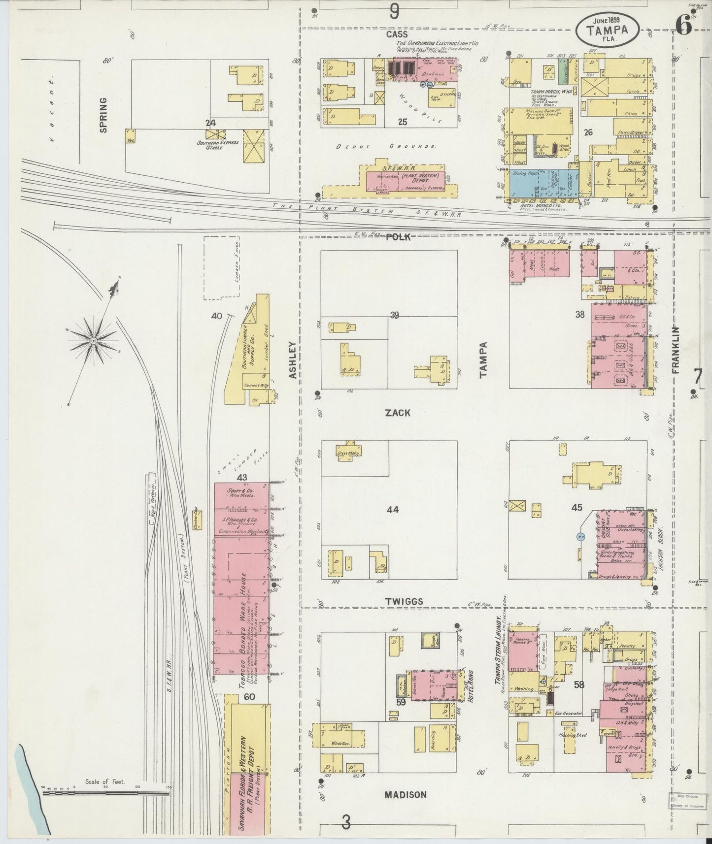 Sanborn Fire Insurance Map from Tampa, Hillsborough County, Florida (1899), Sheet #0006 - Historic Sanborn Fire Insurance Map Print, vintage old map wall art, antique decor, genealogy gift, Florida Florida map