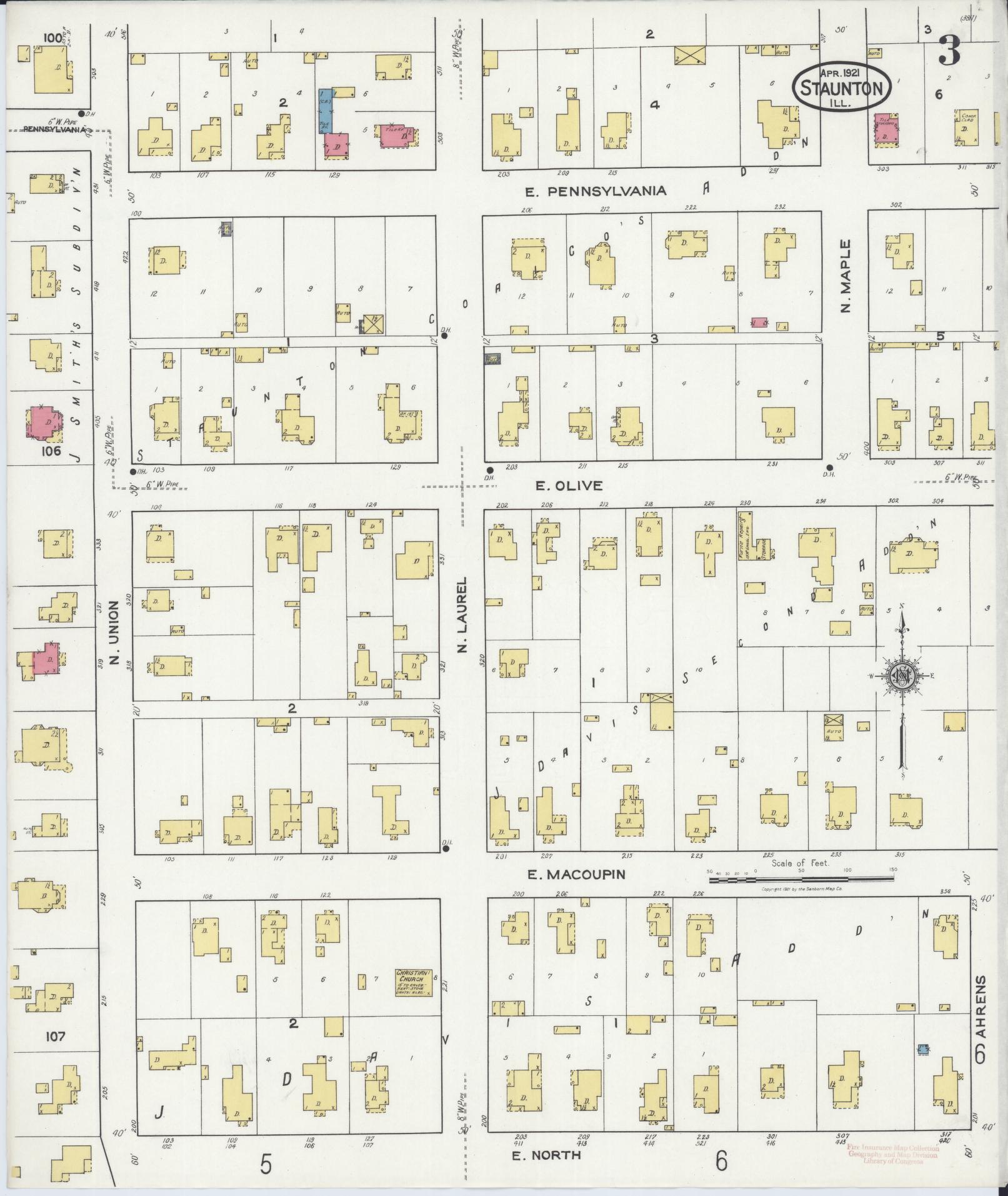 Sanborn Fire Insurance Map from Staunton, Macoupin County, Illinois (1921), Sheet #0003 - Complete Map Set gallery image, historic Sanborn map, vintage wall art, Illinois Illinois