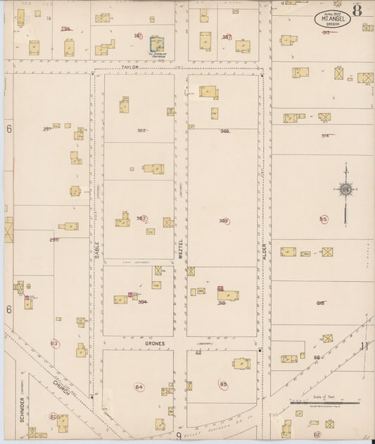 Sanborn Fire Insurance Map from Mount Angel, Marion County, Oregon (1931), Sheet #0008 - Historic Sanborn Fire Insurance Map Print, vintage old map wall art, antique decor, genealogy gift, Oregon Oregon map