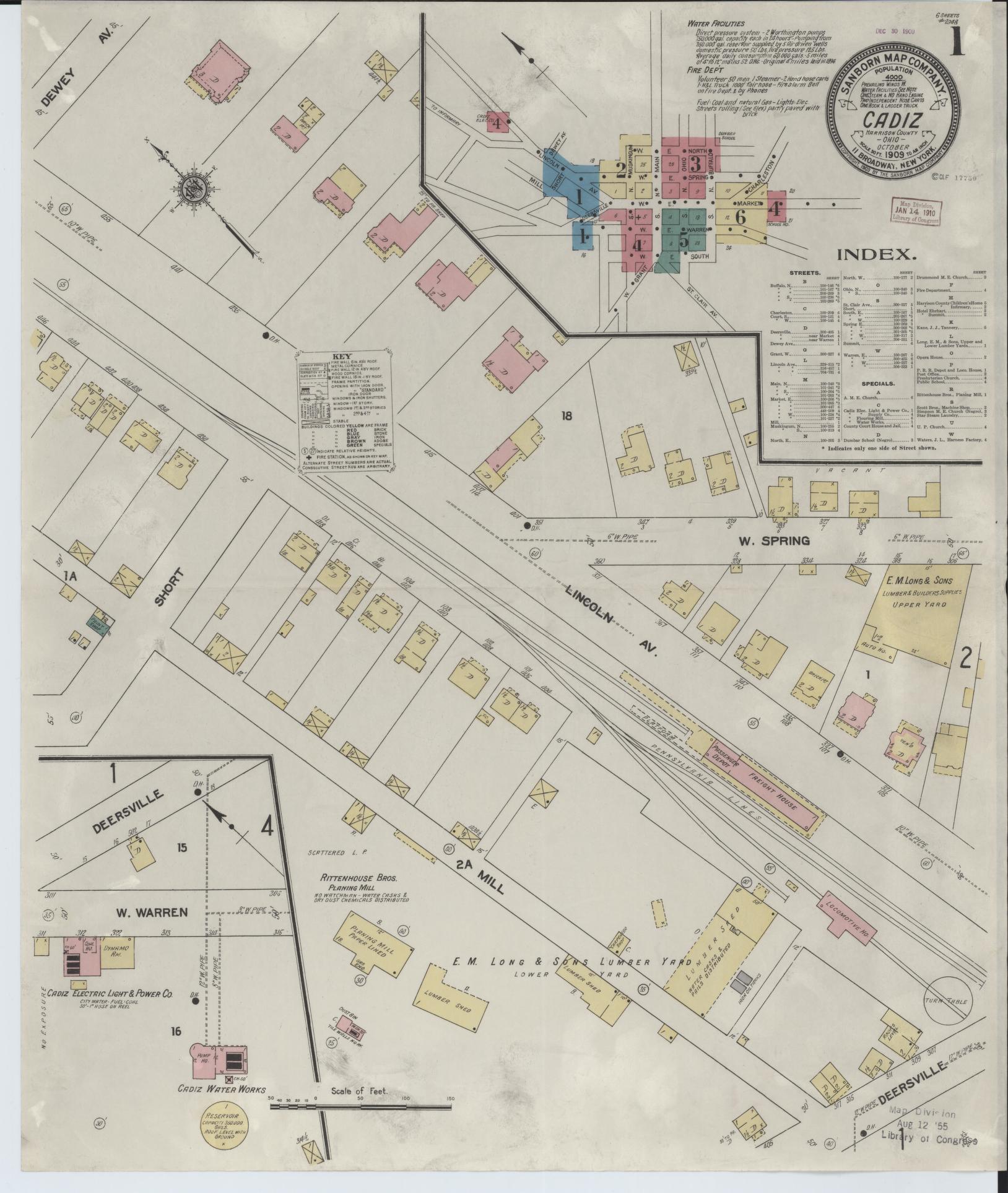 Sanborn Fire Insurance Map from Cadiz, Harrison County, Ohio (1909), Sheet #0001 - Historic Sanborn Fire Insurance Map Print, vintage old map wall art, antique decor, genealogy gift, Ohio Ohio map