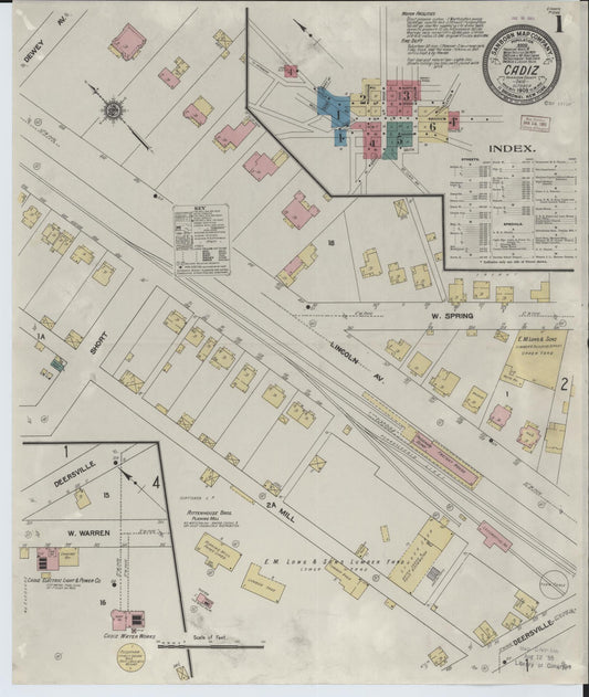 Sanborn Fire Insurance Map from Cadiz, Harrison County, Ohio (1909), Sheet #0001 - Historic Sanborn Fire Insurance Map Print, vintage old map wall art, antique decor, genealogy gift, Ohio Ohio map