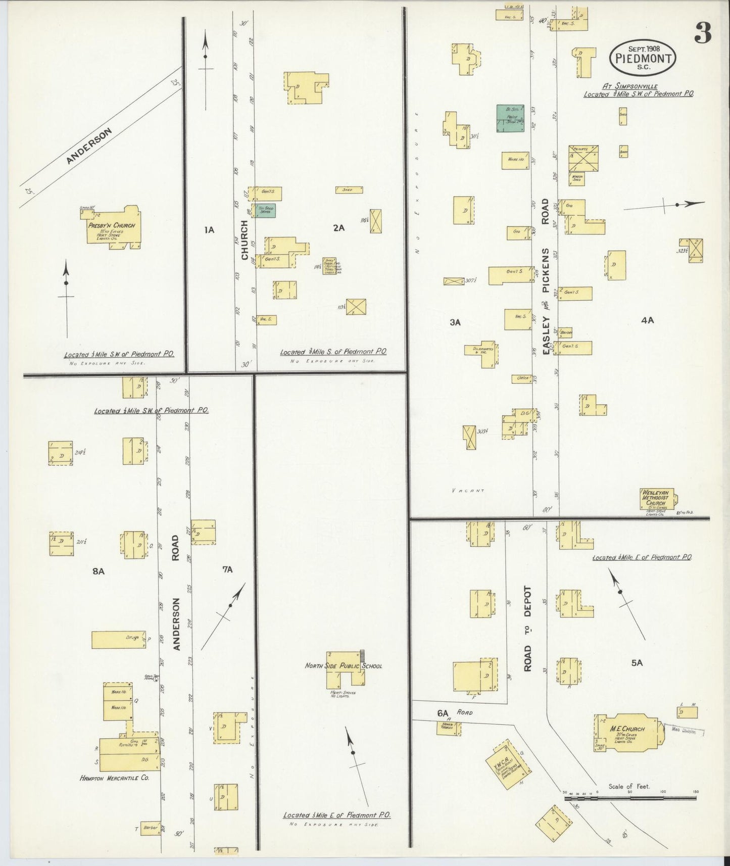 Sanborn Fire Insurance Map from Piedmont, Greenville and Anderson Counties, South Carolina (1908), Sheet #0003 - Historic Sanborn Fire Insurance Map Print, vintage old map wall art, antique decor, genealogy gift, South Carolina South Carolina map