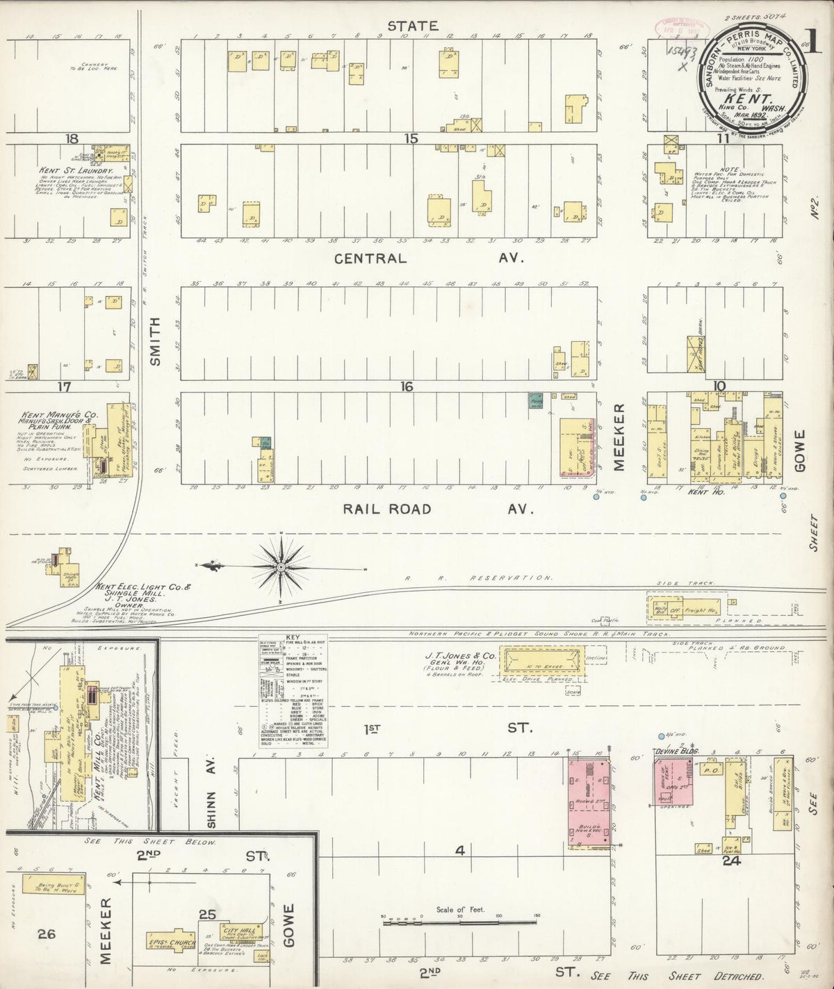 Sanborn Fire Insurance Map from Kent, King County, Washington (1892), Sheet #0001 - Historic Sanborn Fire Insurance Map Print, vintage old map wall art, antique decor, genealogy gift, Washington Washington map