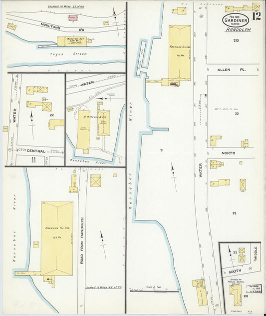 Sanborn Fire Insurance Map from Gardiner, Kennebec County, Maine (1910), Sheet #0012 - Historic Sanborn Fire Insurance Map Print, vintage old map wall art, antique decor, genealogy gift, Maine Maine map