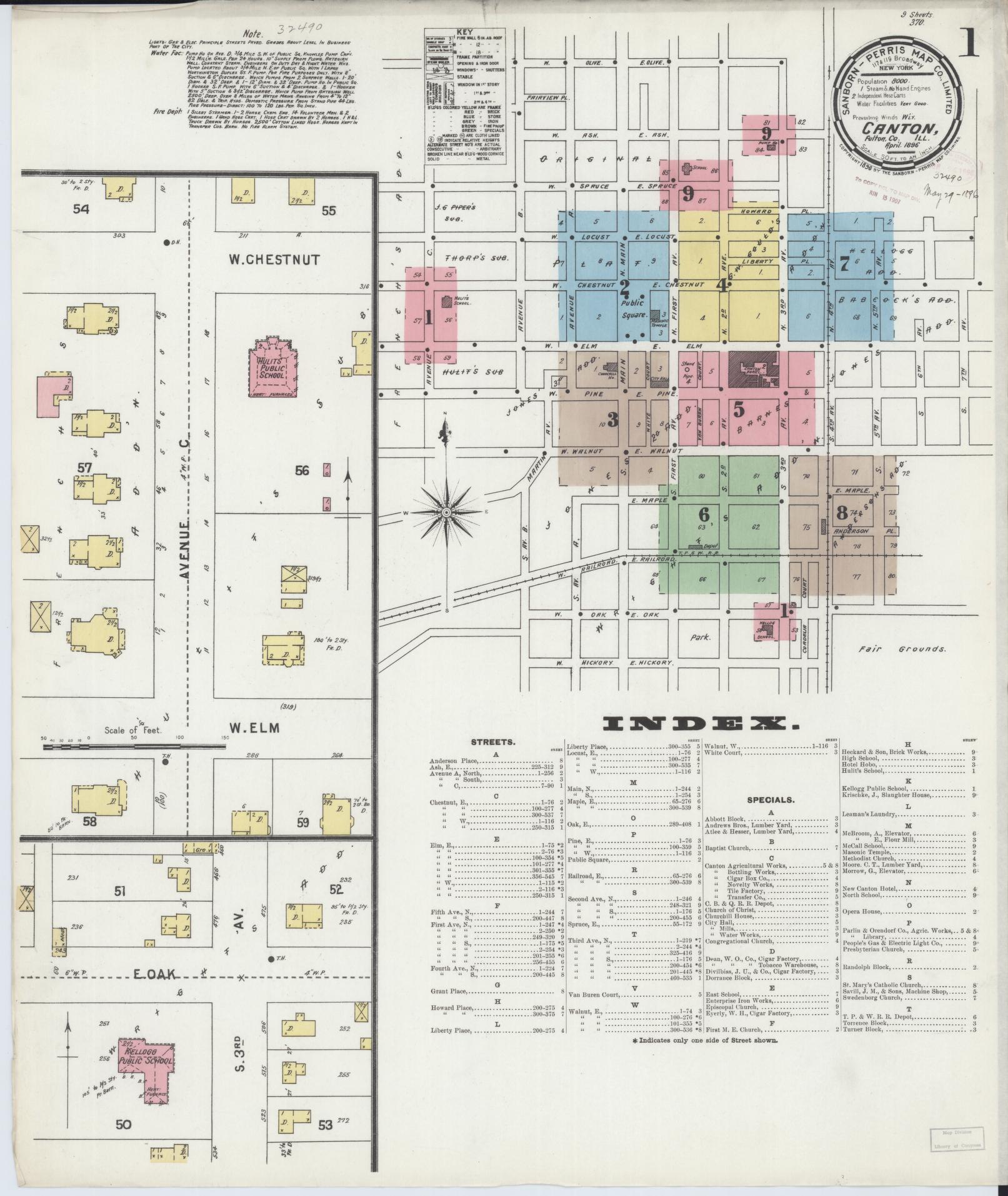 Sanborn Fire Insurance Map from Canton, Fulton County, Illinois (1896), Sheet #0001 - Complete Map Set gallery image, historic Sanborn map, vintage wall art, Illinois Illinois