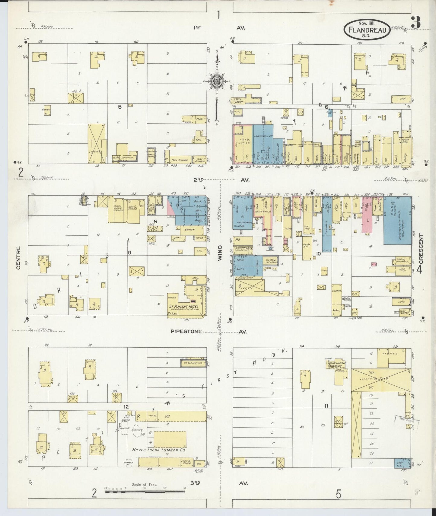 Sanborn Fire Insurance Map from Flandreau, Moody County, South Dakota (1911), Sheet #0003 - Historic Sanborn Fire Insurance Map Print, vintage old map wall art, antique decor, genealogy gift, South Dakota South Dakota map