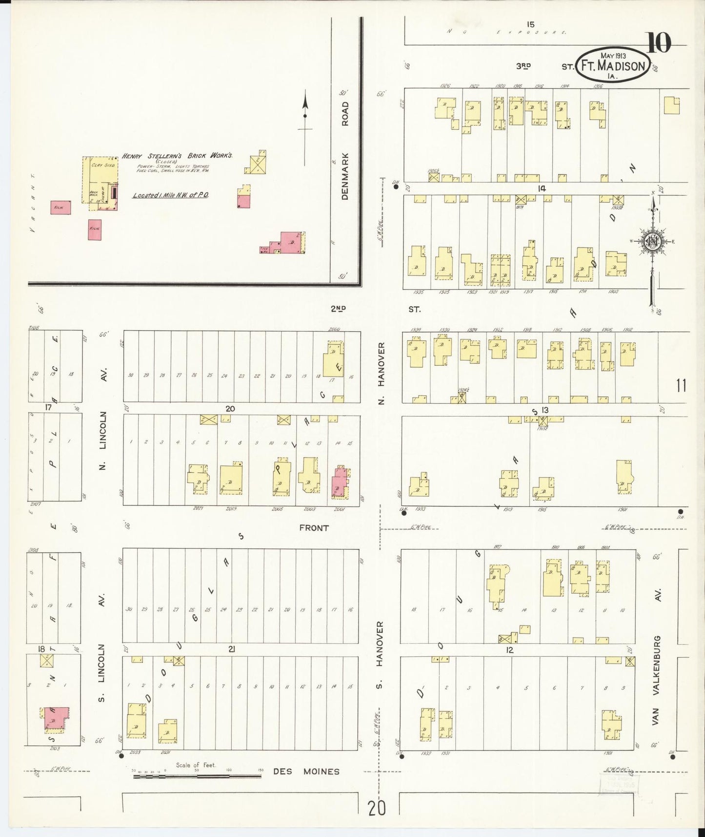 Sanborn Fire Insurance Map from Fort Madison, Lee County, Iowa (1913), Sheet #0010 - Historic Sanborn Fire Insurance Map Print, vintage old map wall art