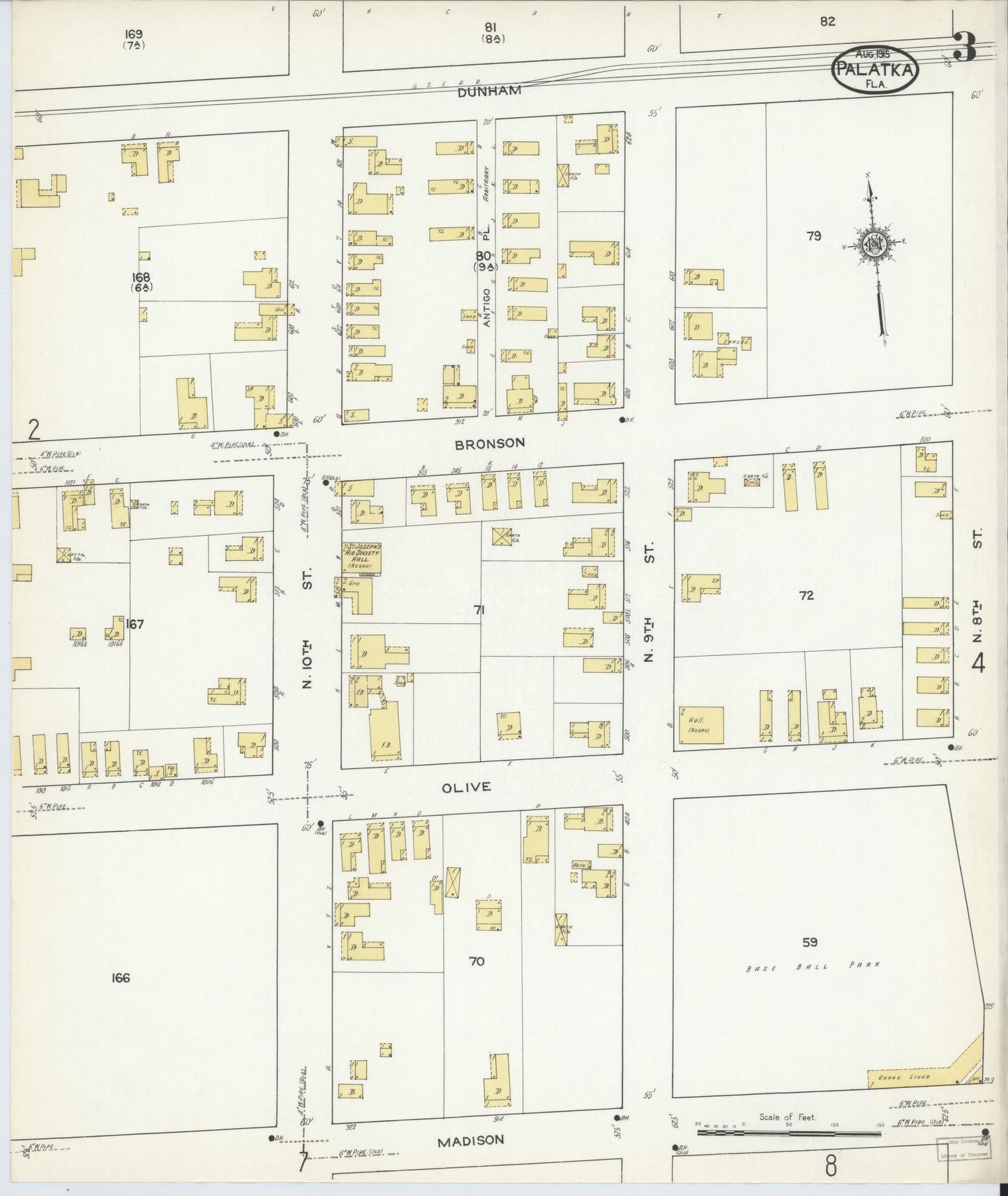 Sanborn Fire Insurance Map from Palatka, Putnam County, Florida (1915), Sheet #0003 - Complete Map Set gallery image, historic Sanborn map, vintage wall art, Florida Florida