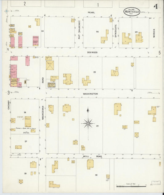 Sanborn Fire Insurance Map from Monticello, Jefferson County, Florida (1909), Sheet #0004 - Historic Sanborn Fire Insurance Map Print, vintage old map wall art, antique decor, genealogy gift, Florida Florida map