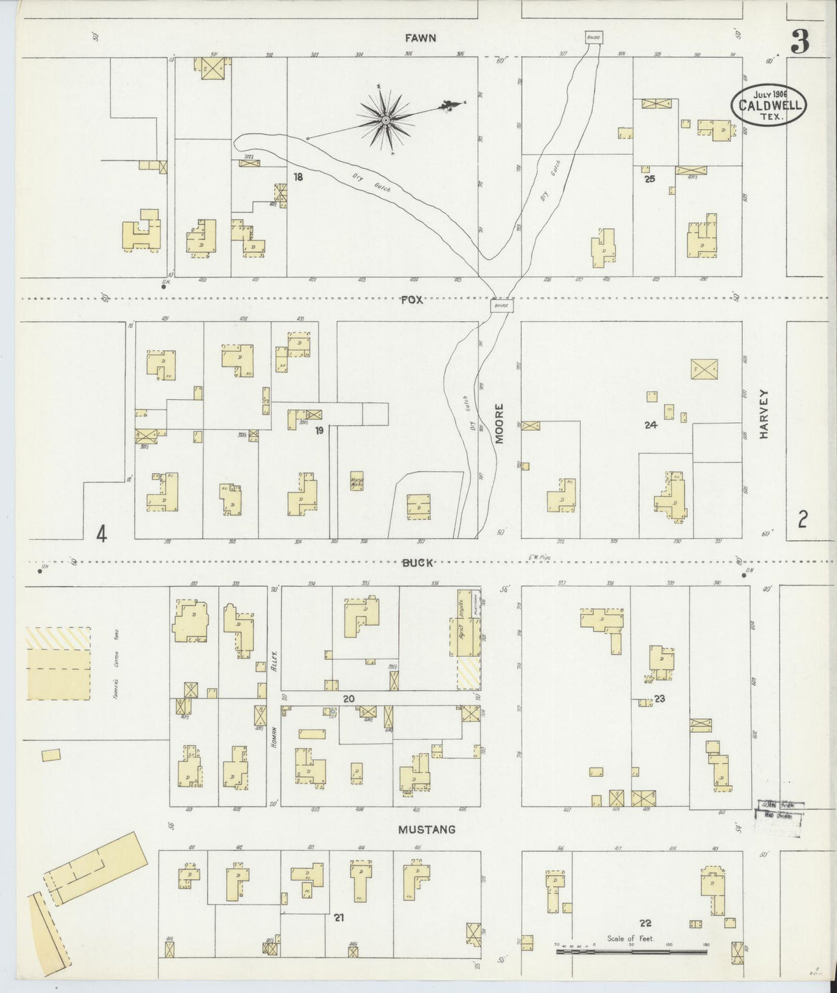 Sanborn Fire Insurance Map from Caldwell, Burleson County, Texas (1906), Sheet #0003 - Complete Map Set gallery image, historic Sanborn map, vintage wall art, Texas Texas