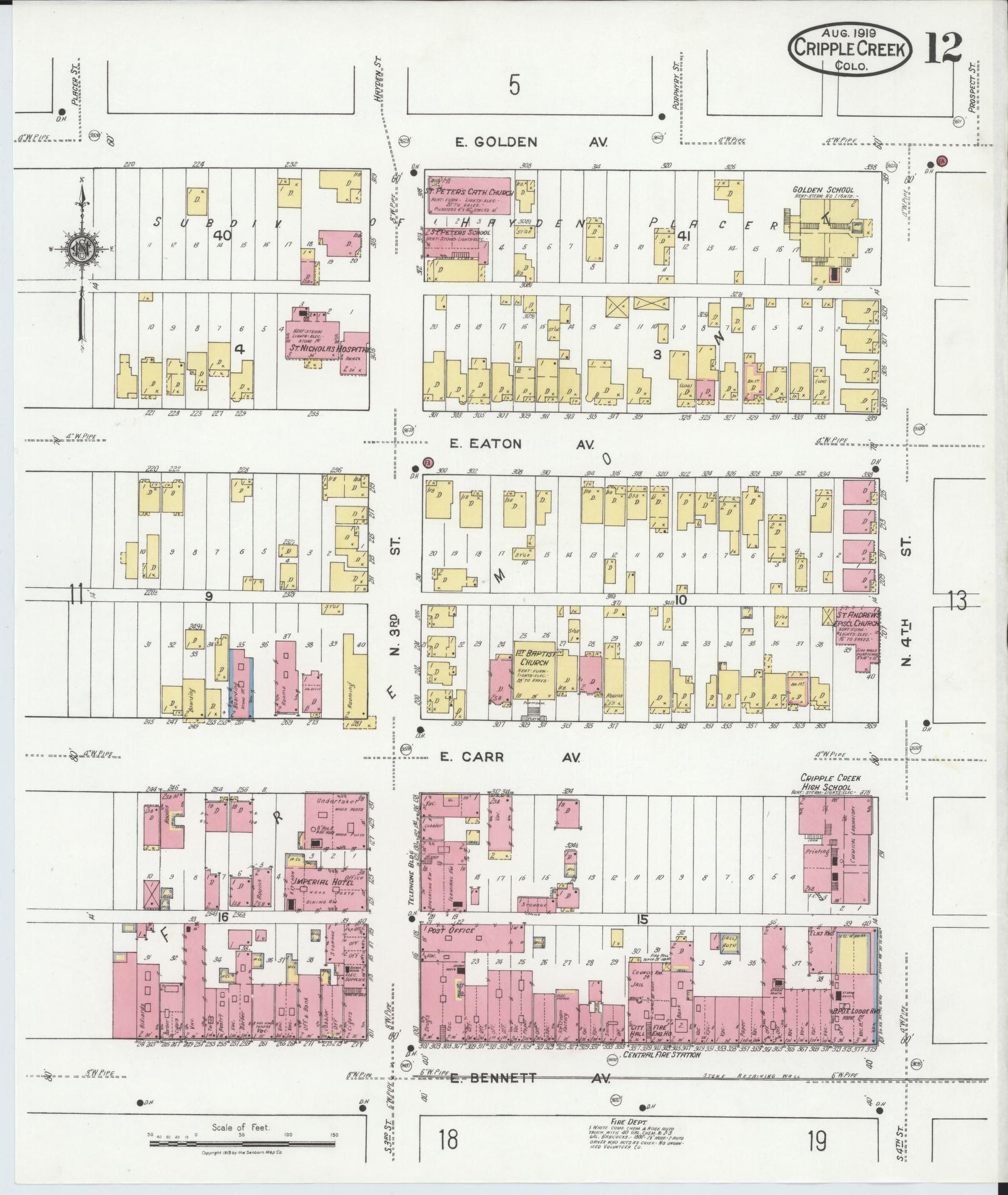 Sanborn Fire Insurance Map from Cripple Creek, Teller County, Colorado (1919), Sheet #0012 - Complete Map Set gallery image, historic Sanborn map, vintage wall art, Colorado Colorado