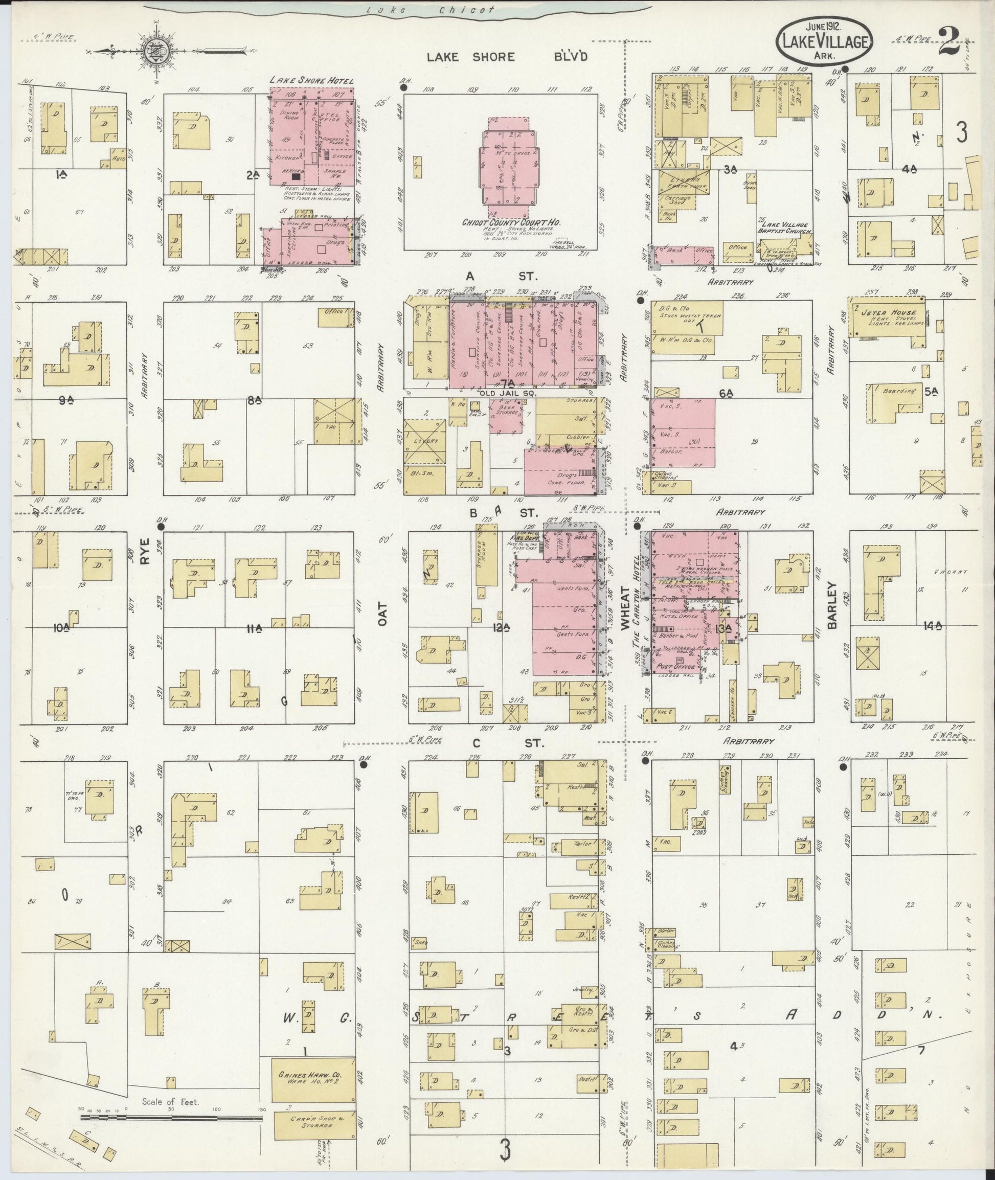 Sanborn Fire Insurance Map from Lake Village, Chicot County, Arkansas (1912), Sheet #0002 - Complete Map Set gallery image, historic Sanborn map, vintage wall art, Arkansas Arkansas