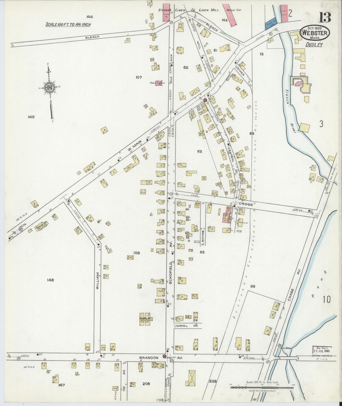 Sanborn Fire Insurance Map from Webster, Worcester County, Massachusetts (1920), Sheet #0013 - Complete Map Set gallery image, historic Sanborn map, vintage wall art, Massachusetts Massachusetts