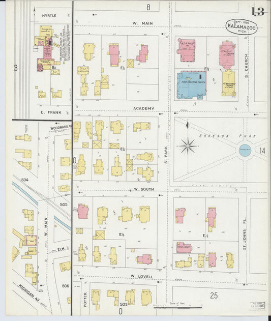 Sanborn Fire Insurance Map from Kalamazoo, Kalamazoo County, Michigan (1896), Sheet #0013 - Historic Sanborn Fire Insurance Map Print, vintage old map wall art, antique decor, genealogy gift, Michigan Michigan map