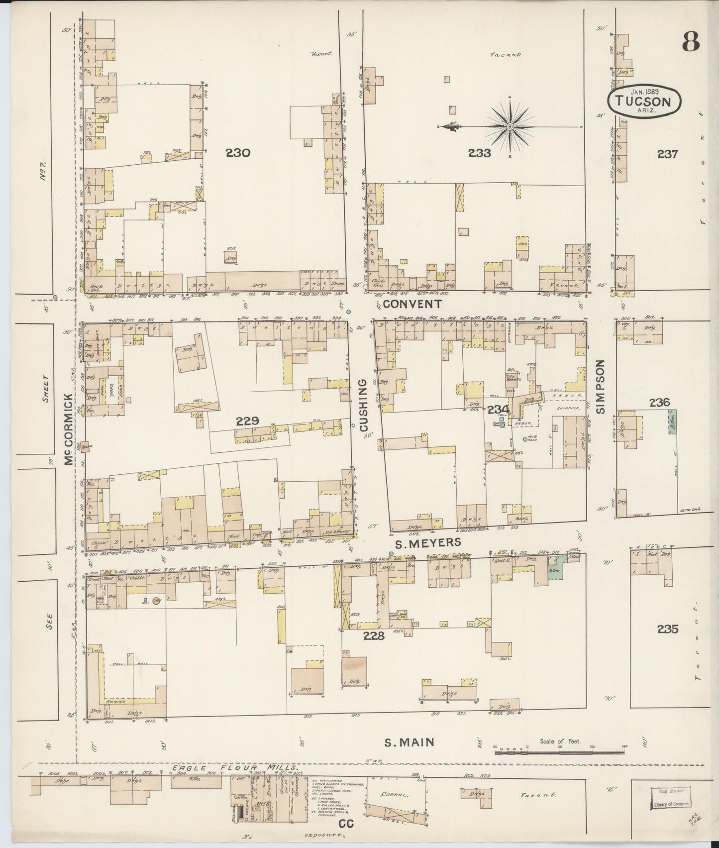 Sanborn Fire Insurance Map from Tucson, Pima County, Arizona (1889), Sheet #0008 - Historic Sanborn Fire Insurance Map Print, vintage old map wall art, antique decor, genealogy gift, Arizona Arizona map