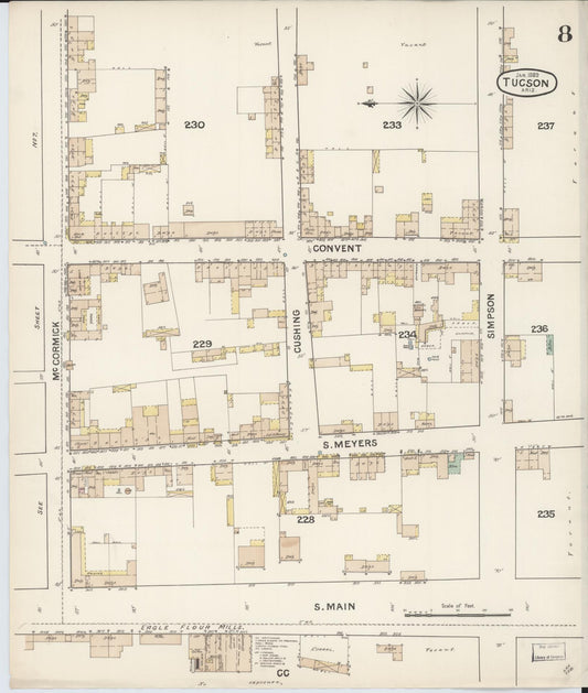 Sanborn Fire Insurance Map from Tucson, Pima County, Arizona (1889), Sheet #0008 - Historic Sanborn Fire Insurance Map Print, vintage old map wall art, antique decor, genealogy gift, Arizona Arizona map