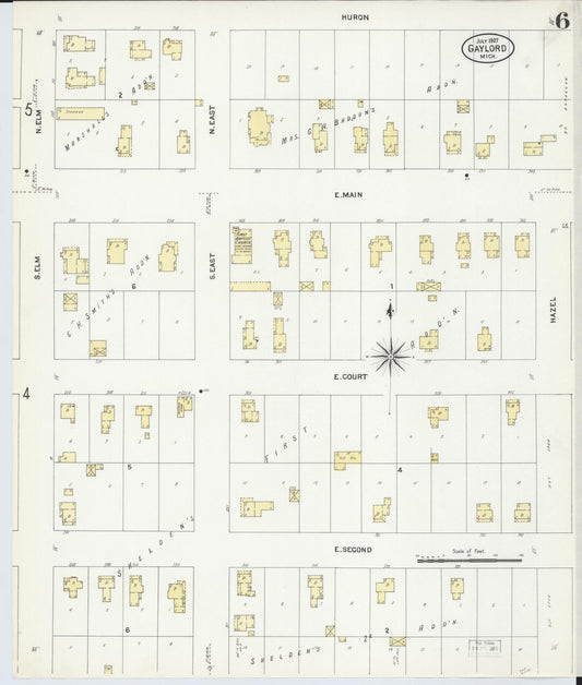 Sanborn Fire Insurance Map from Gaylord, Otsego County, Michigan (1907), Sheet #0006 - Historic Sanborn Fire Insurance Map Print, vintage old map wall art, antique decor, genealogy gift, Michigan Michigan map