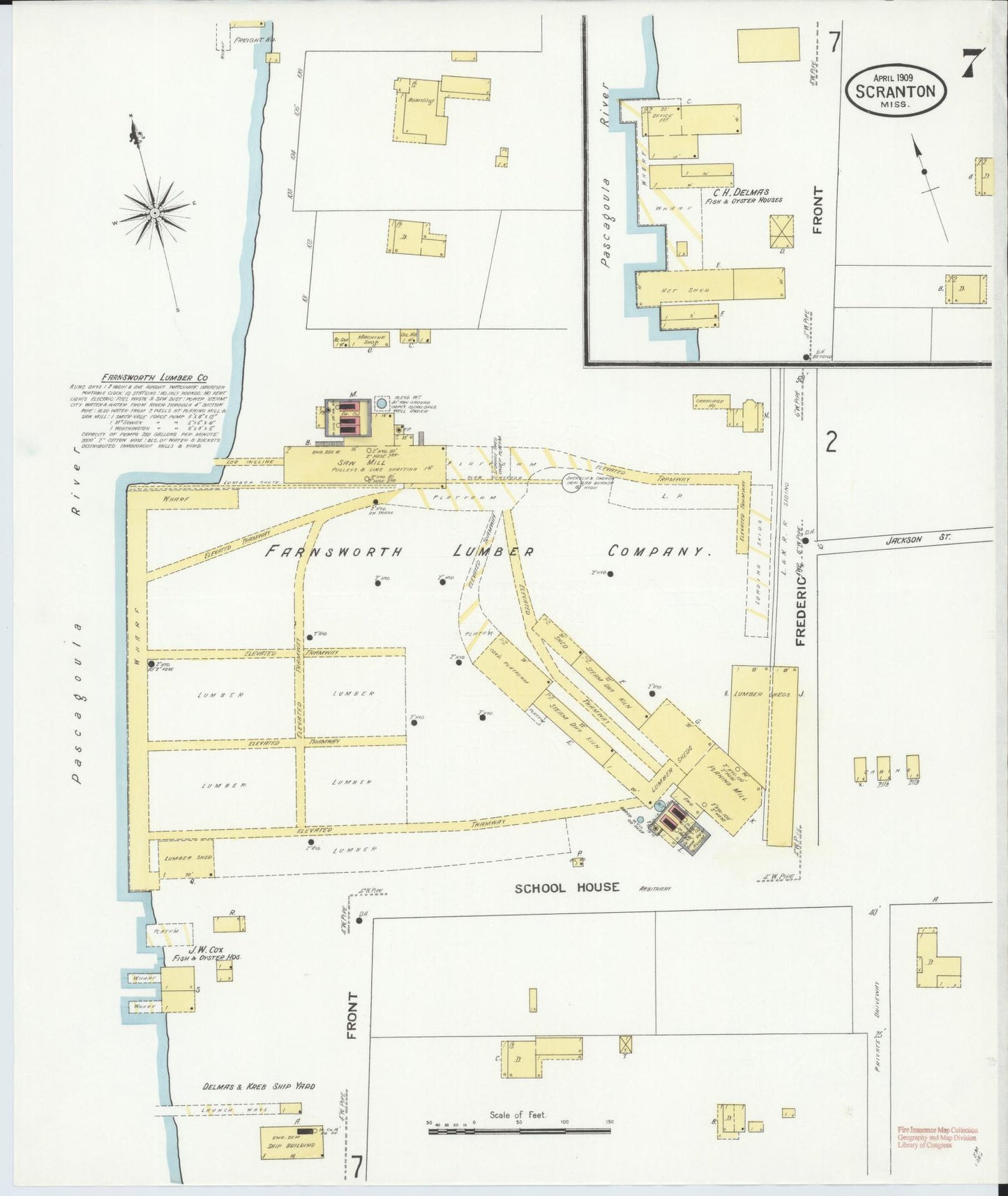 Sanborn Fire Insurance Map from Scranton, Jackson County, Mississippi (1909), Sheet #0007 - Complete Map Set gallery image, historic Sanborn map, vintage wall art, Mississippi Mississippi